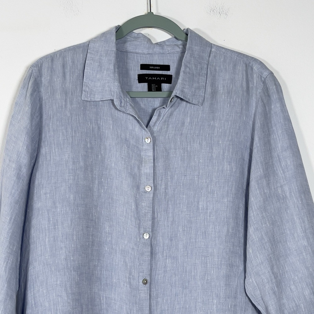 Tahari 100% Linen Tunic Shirt Womens Sz L Blue Roll Tab Sleeves Relaxed - Picture 2 of 12